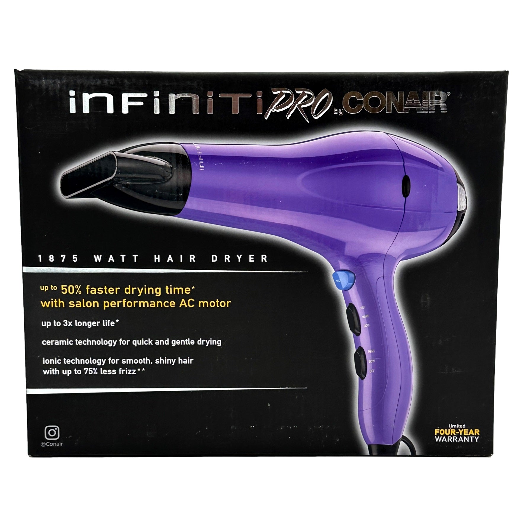 Box of Infiniti Pro by Conair hair dryer, purple with black attachments.